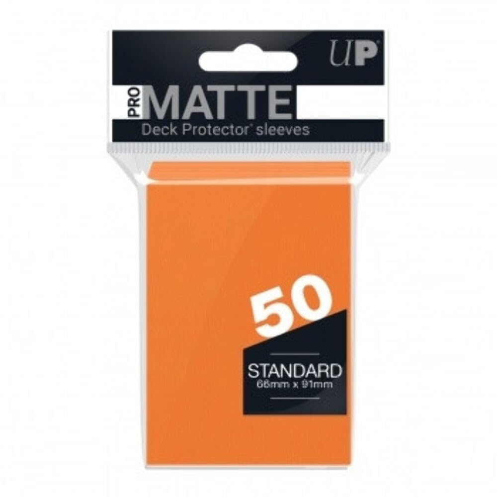 Ultra Pro orange Pro Matte deck protector sleeve with non-glare finish for smoother shuffles and standard-card protection.