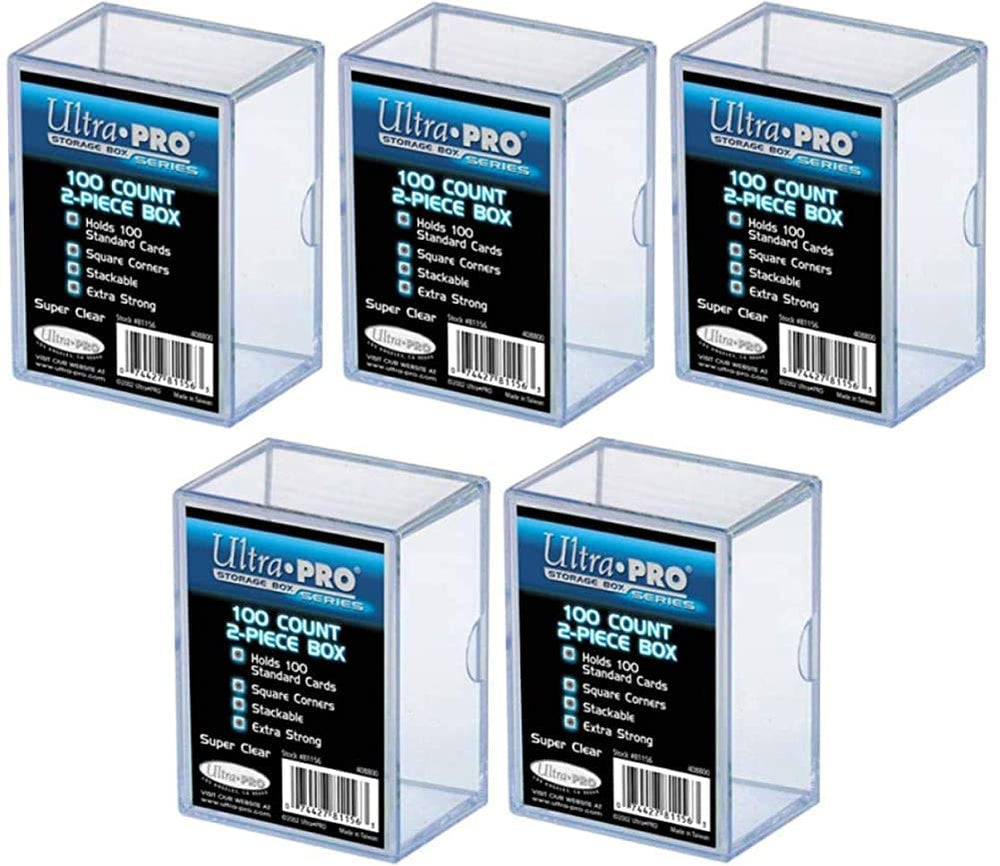 Ultra Pro Pack 5 100-count storage box with airtight closure for secure card storage.