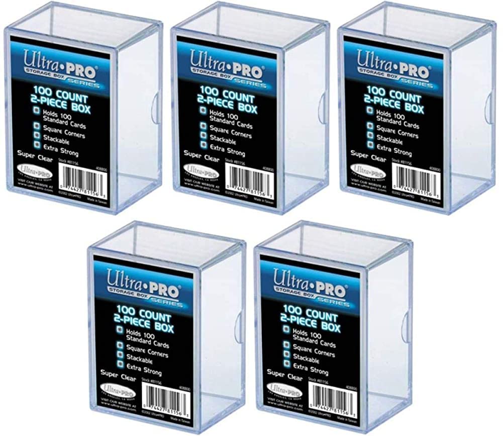 Ultra Pro Pack 5 100-count storage box with airtight closure for secure card storage.