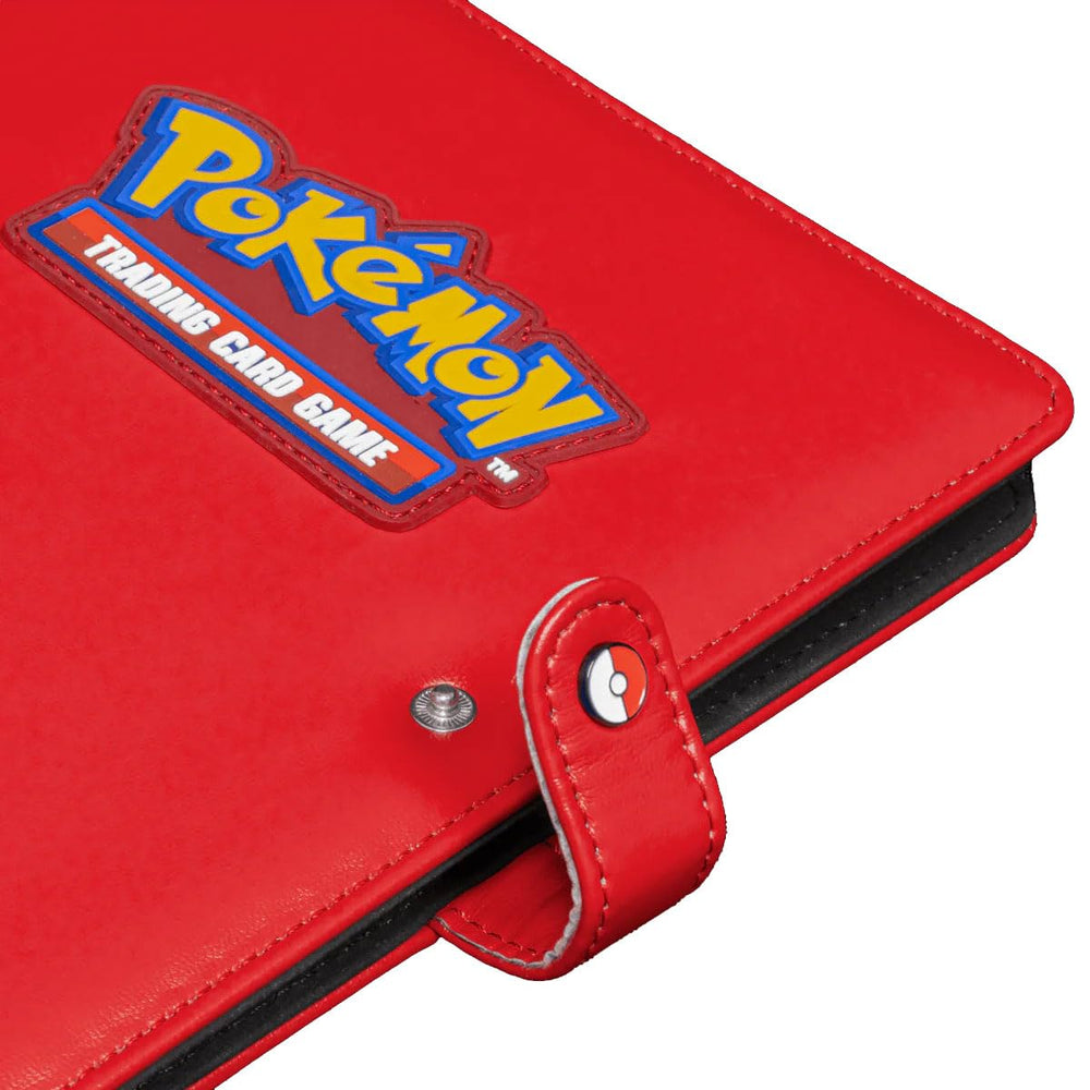 Ultra Pro Pokemon Premium 4-Pocket Snap Binder logo close-up showing durable leatherette texture.