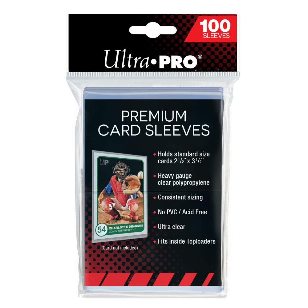  Ultra PRO Premium Clear Card Sleeves front view protecting standard-size trading cards.