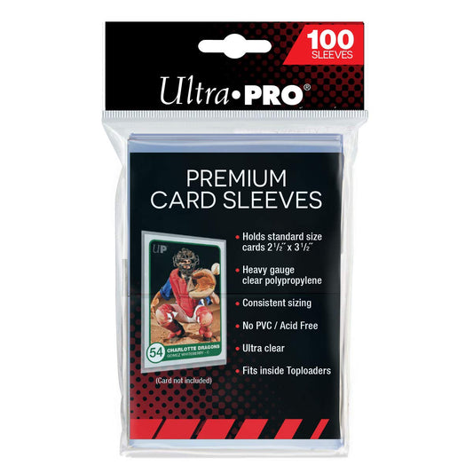  Ultra PRO Premium Clear Card Sleeves front view protecting standard-size trading cards.