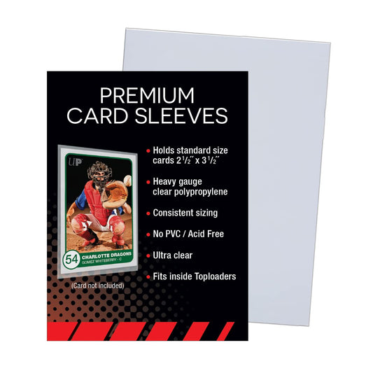  Ultra PRO Premium Clear Card Sleeves pack view, 100 sleeves for safe, dust-free storage.
