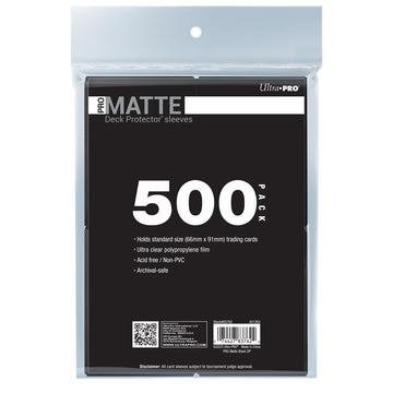 Ultra PRO PRO-Matte 500ct black sleeves protect standard-size cards with glare-reducing finish.