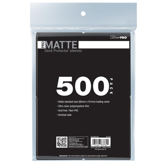 Ultra PRO PRO-Matte 500ct black sleeves protect standard-size cards with glare-reducing finish.