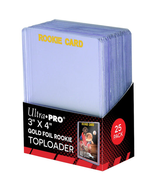 Ultra Pro Rookie Gold Toploader 3x4 keeps rookie cards protected and ready for display.