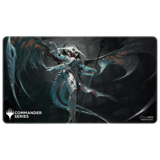 Ultra Pro Stitched Playmat with Atraxa artwork protects cards during MTG Commander games