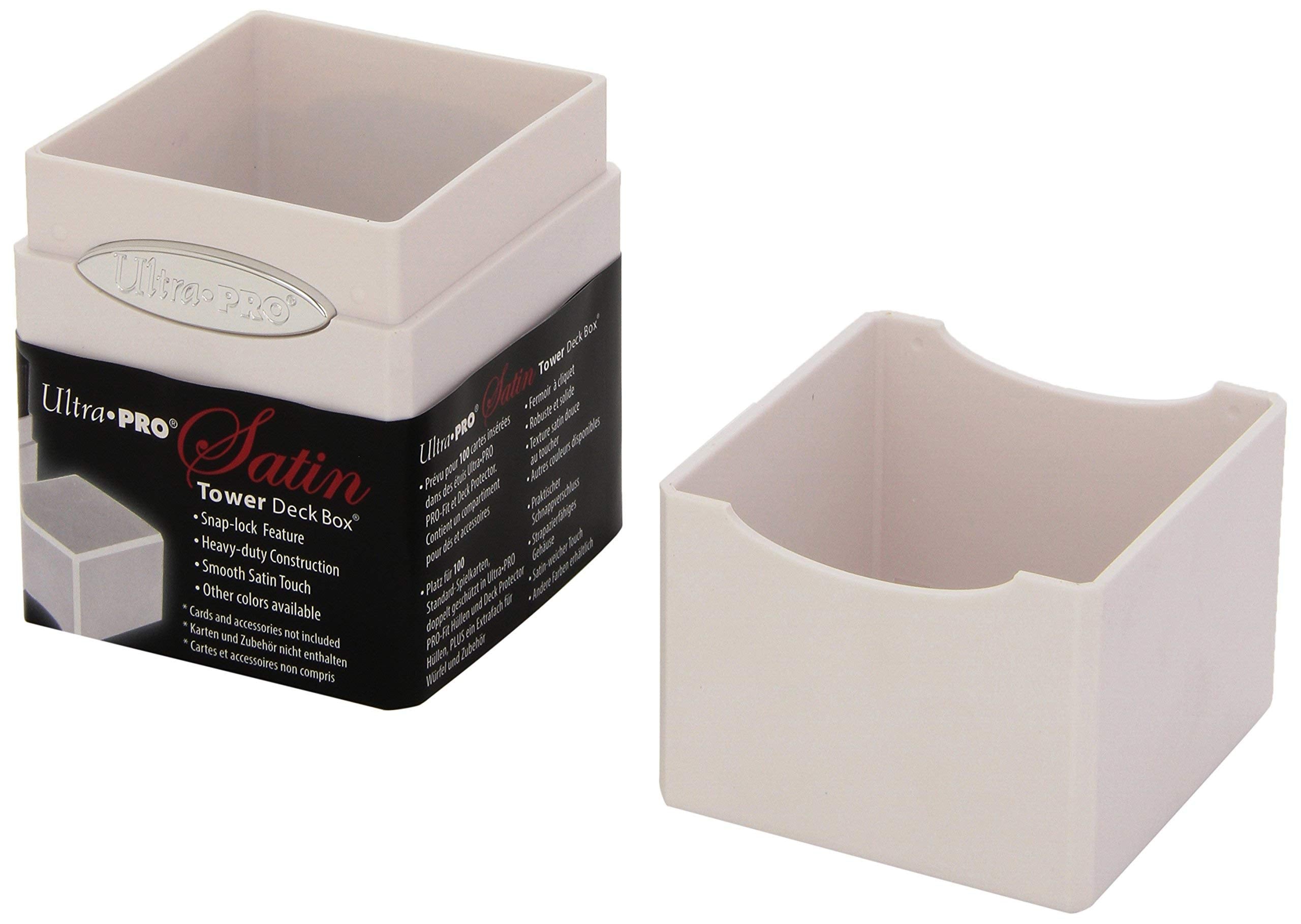 Ultra Pro White Satin Tower Deck Box in shrink wrap with Wrapband for secure packaging