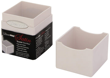Ultra Pro White Satin Tower Deck Box in shrink wrap with Wrapband for secure packaging