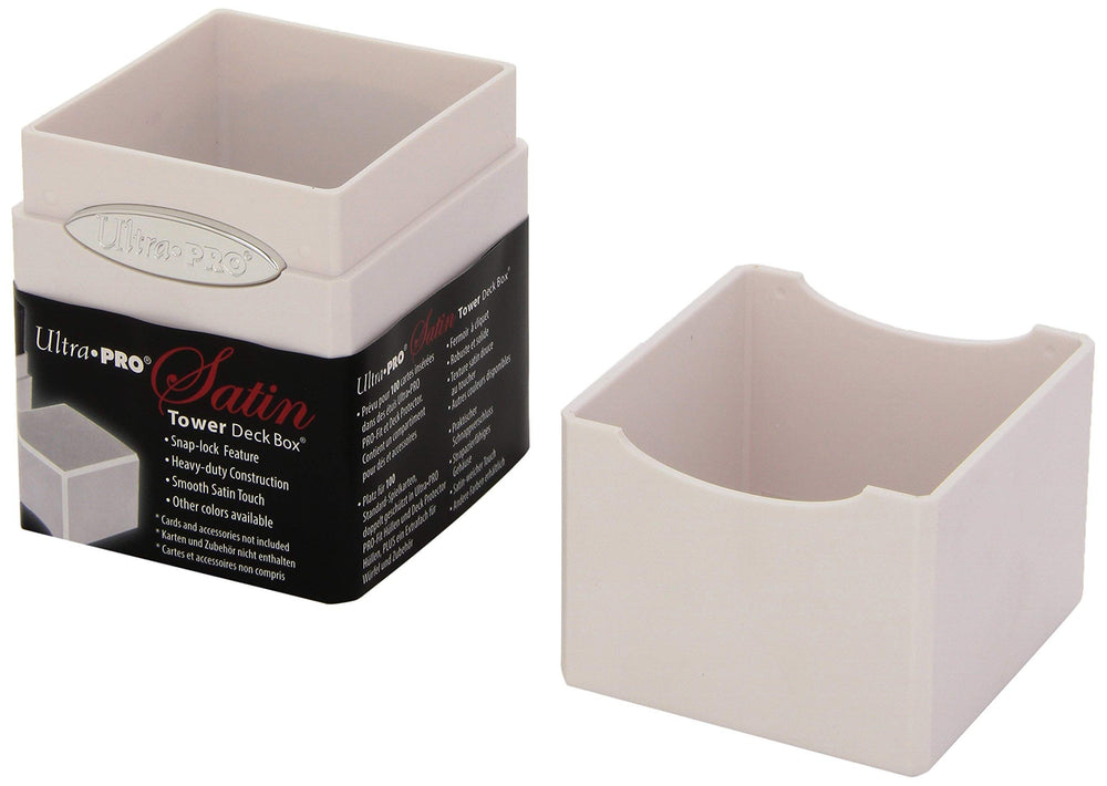 Ultra Pro White Satin Tower Deck Box in shrink wrap with Wrapband for secure packaging