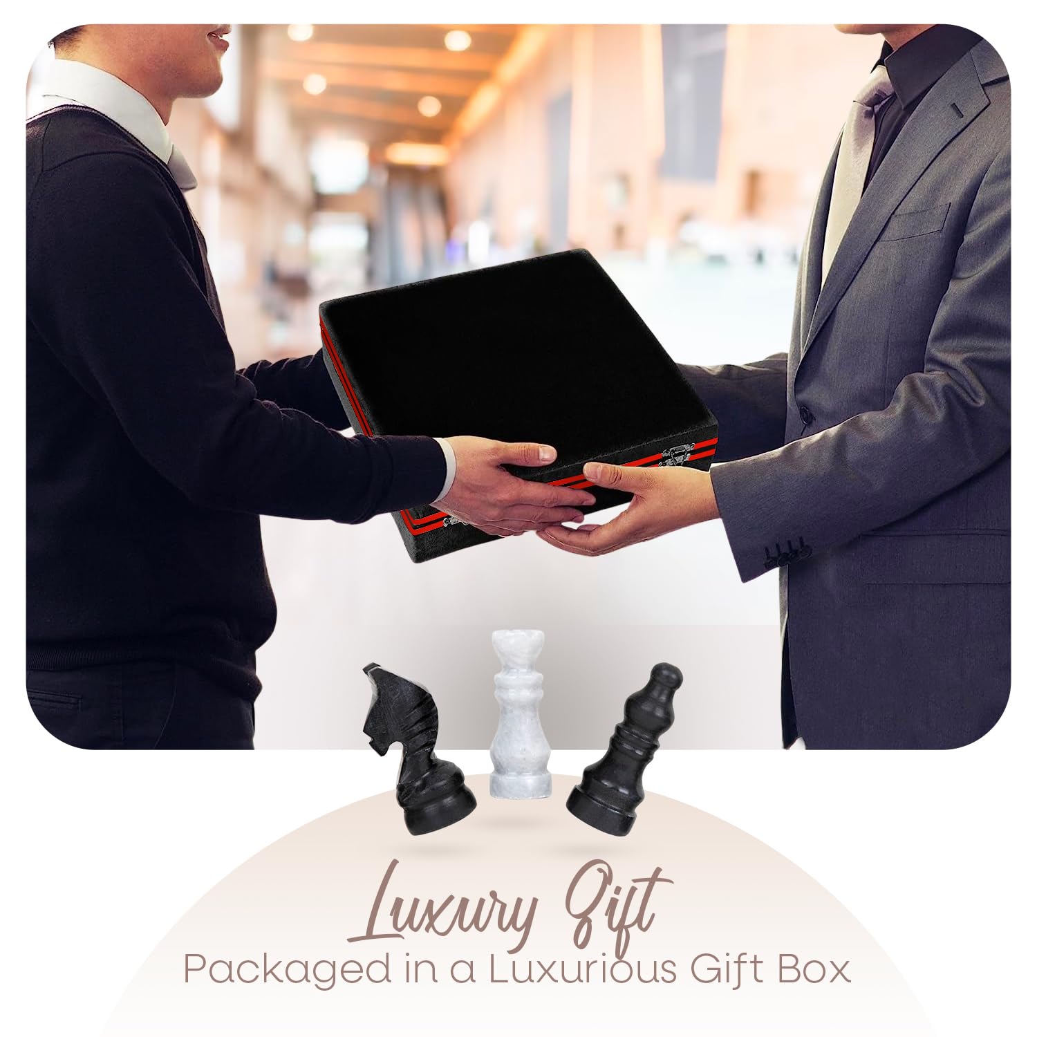 UMAID chess pieces on board ready for immediate, luxurious play.