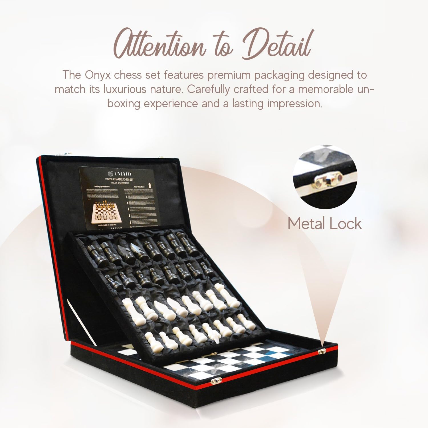 UMAID chess set on desk enhances office decor with timeless elegance.