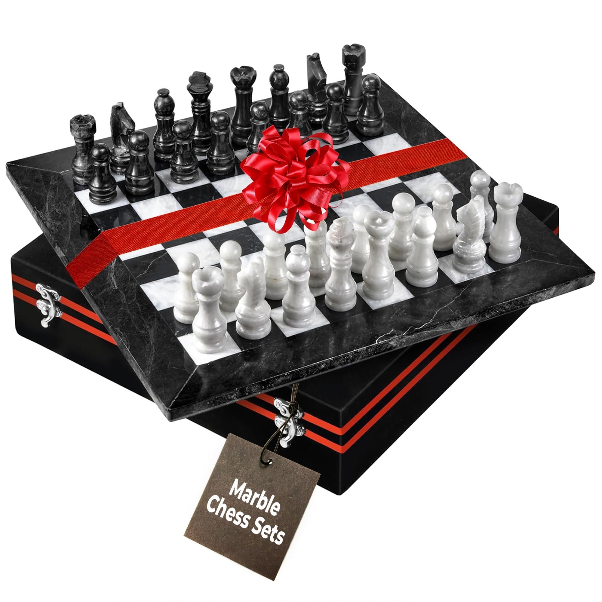 UMAID marble chess board 12-inch close-up showing natural patterns and polished finish for elegant home decor.