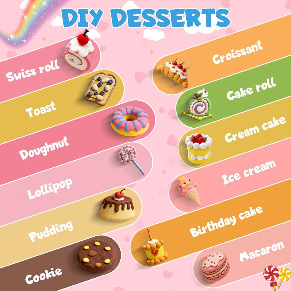 UMEELR 12-box dessert clay set shown with colorful packs for cupcakes and donuts.