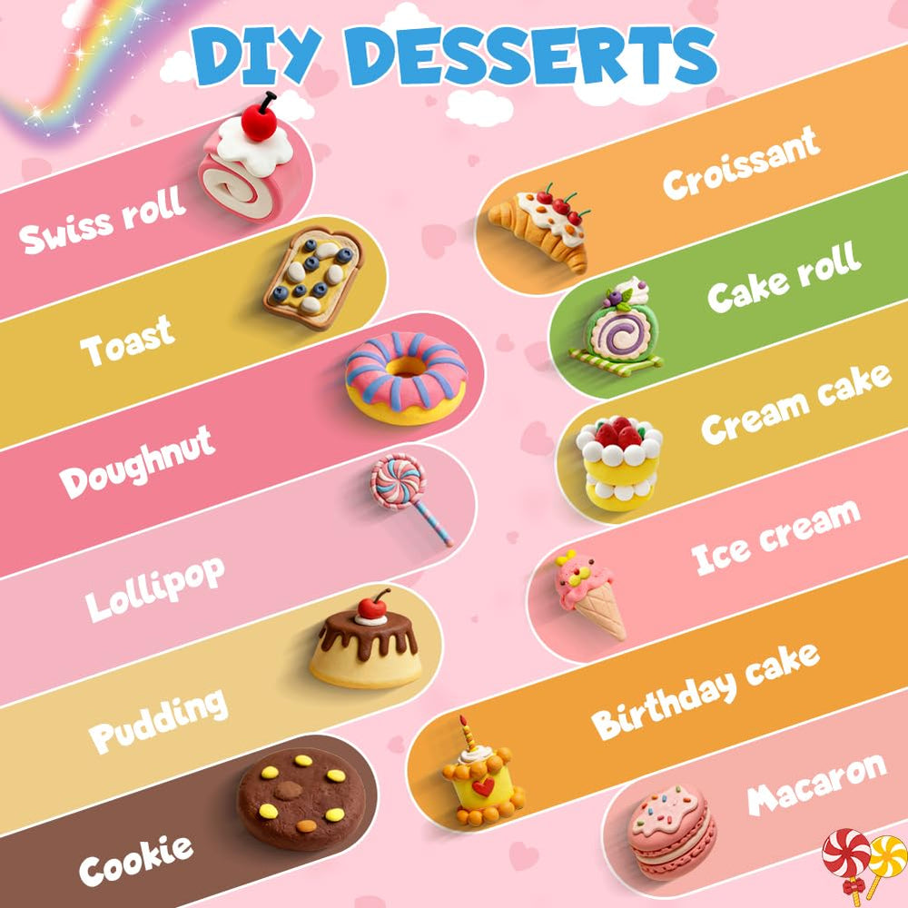 UMEELR 12-box dessert clay set shown with colorful packs for cupcakes and donuts.