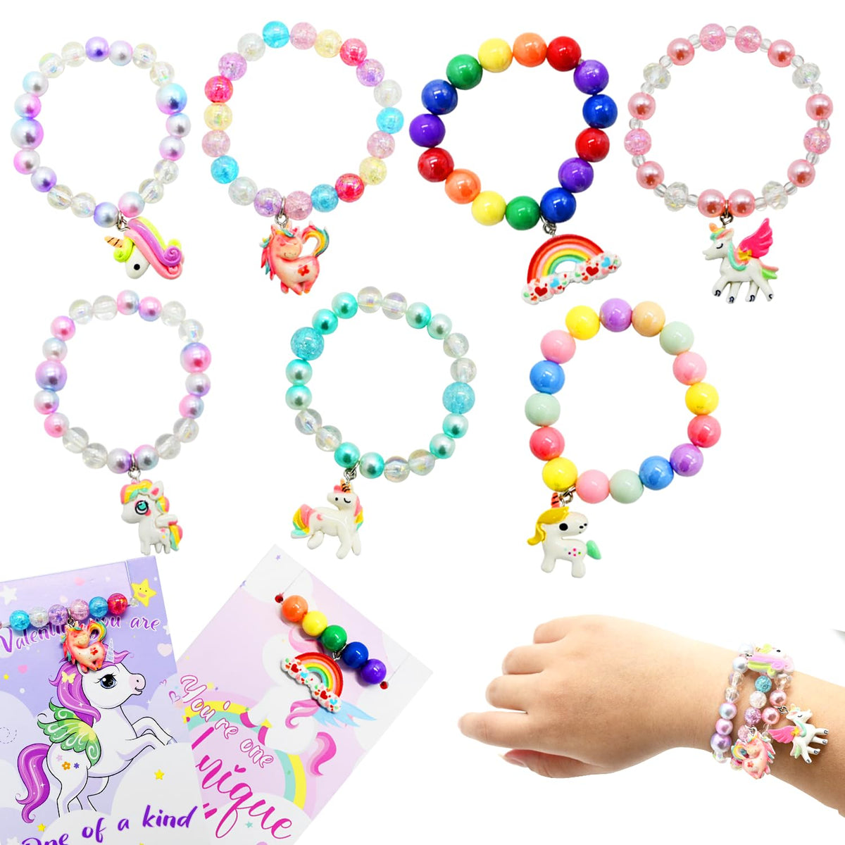 UMEELR 28-pack unicorn bracelets with rainbow colors for gifting and classroom rewards.