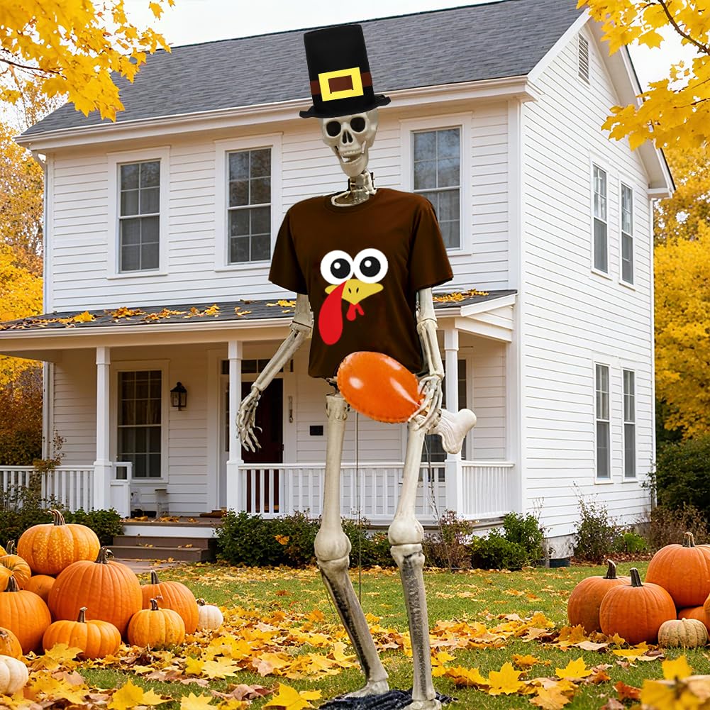 UMEELR Pilgrim 12ft skeleton shirt on display enhances Halloween outdoor decor.