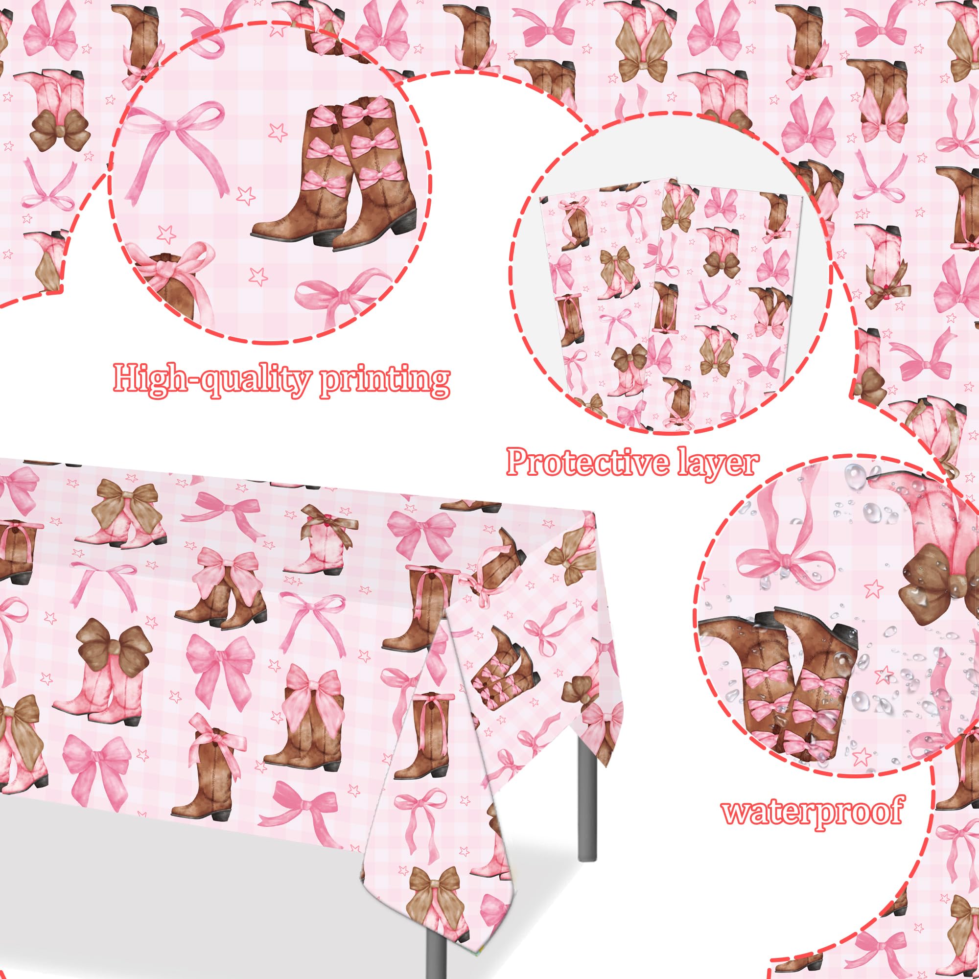 umoni Coquette Cowgirl Tablecloth featuring brown boots and pink bows for bold accents