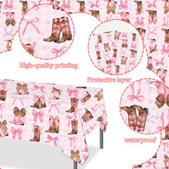 umoni Coquette Cowgirl Tablecloth featuring brown boots and pink bows for bold accents