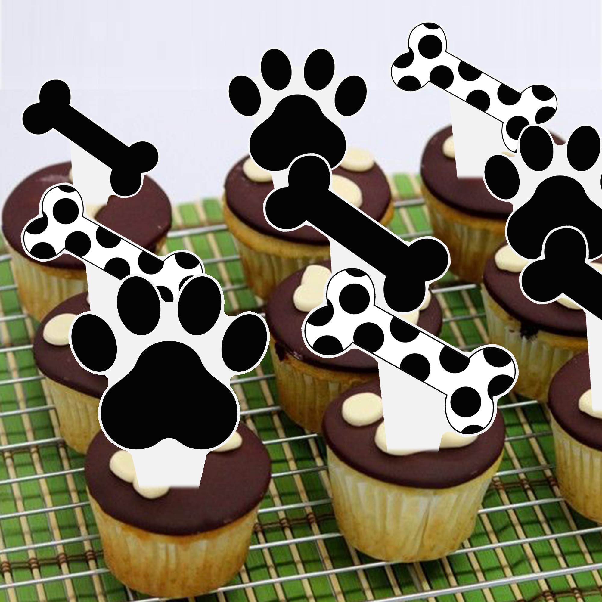 Umoni dog paw and bone toppers enhance themed dessert displays.