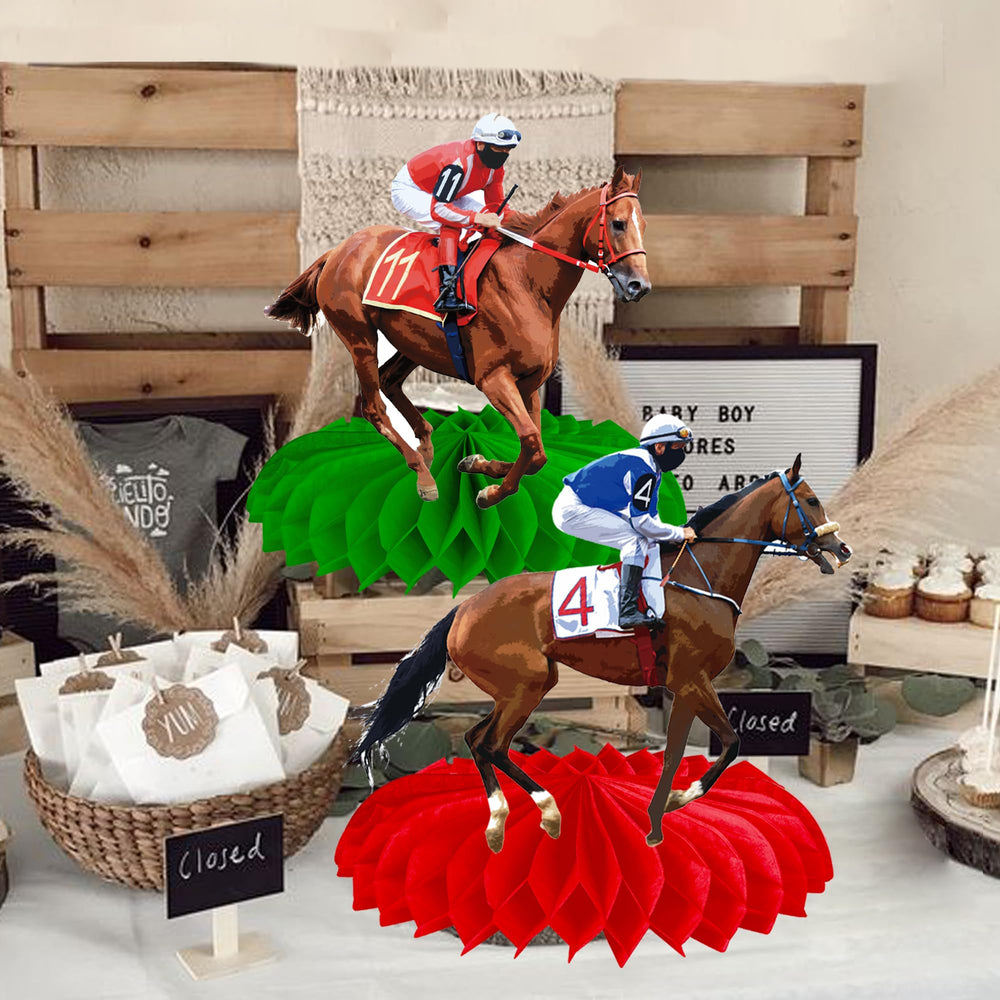 umoni equestrian party table scene with carved jockey cards and honeycomb bases