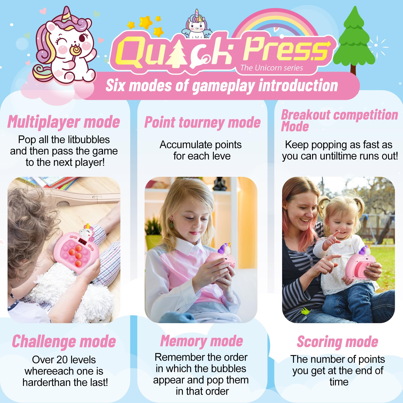 UMQYYMKO Pop Game kids-using shows children enjoying handheld focus play.