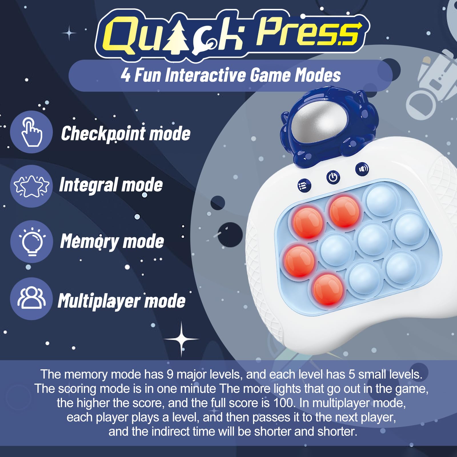 UMQYYMKO Pop Push blue astronaut: adjustable volume for quiet spaces.