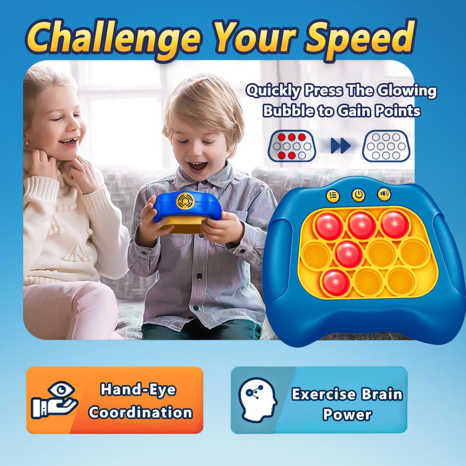 UMQYYMKO Pop Push Blue handheld use demonstrates portable fun for travel and quick breaks
