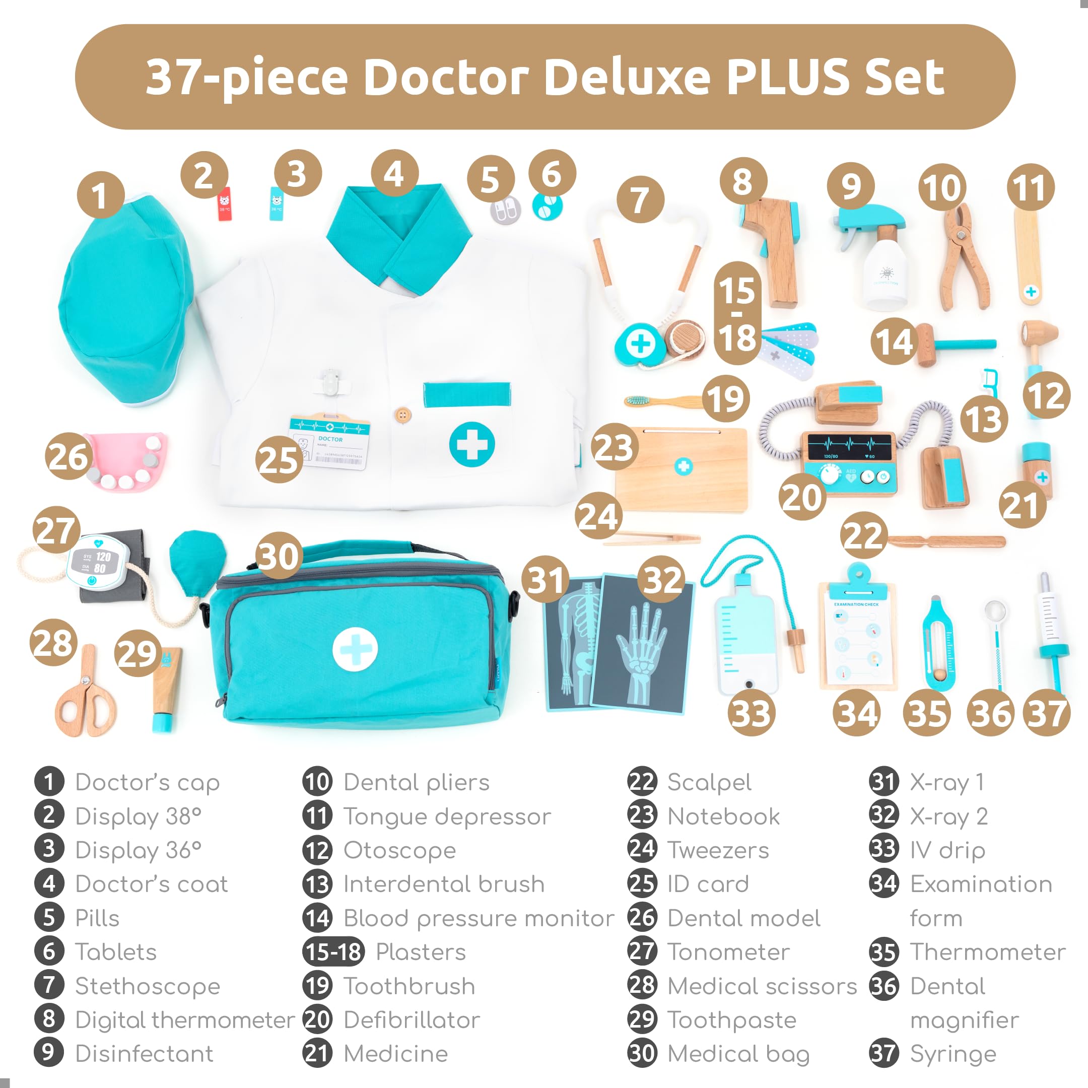 UMU Deluxe Wooden Doctor Play Set doctor bag to carry all tools