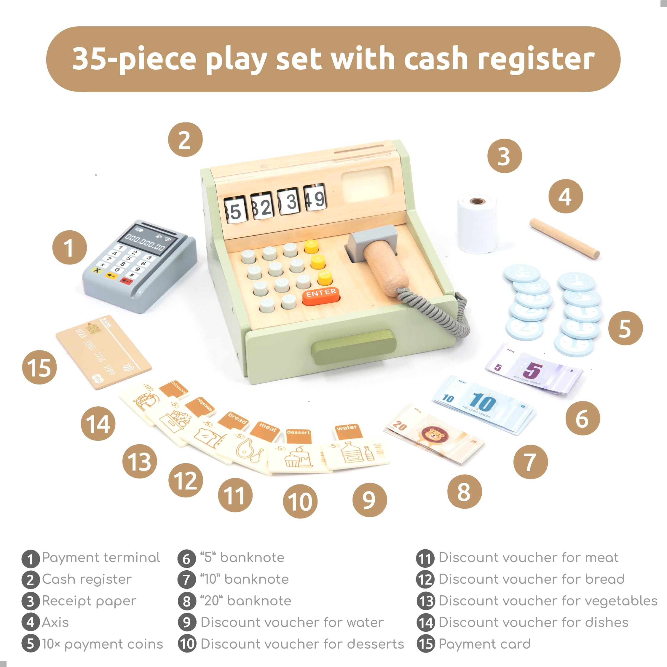 UMU wooden cash register open close feature for pretend store flow