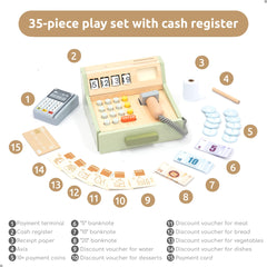 UMU wooden cash register open close feature for pretend store flow