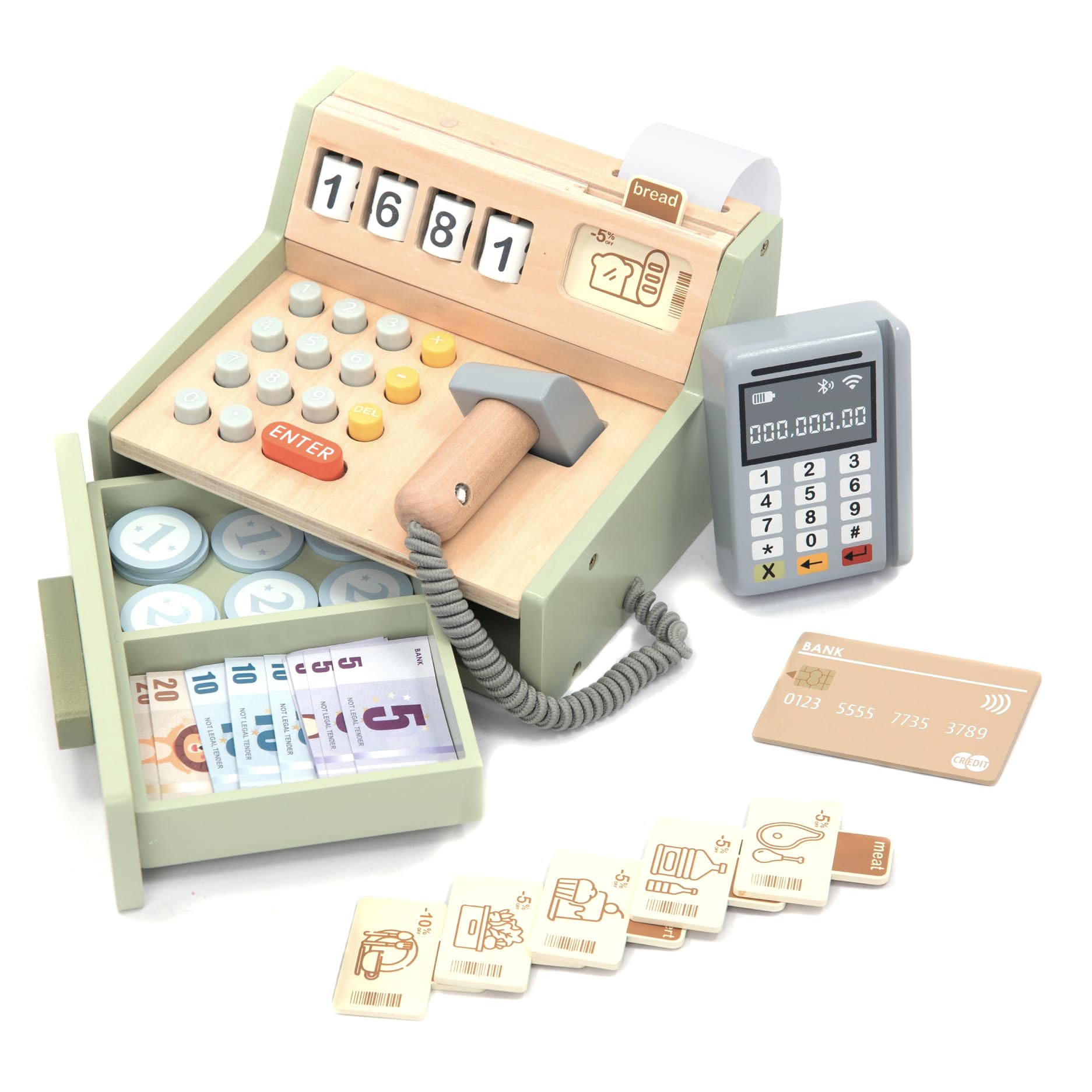 UMU wooden cash register setup with scanner and money for imaginative learning