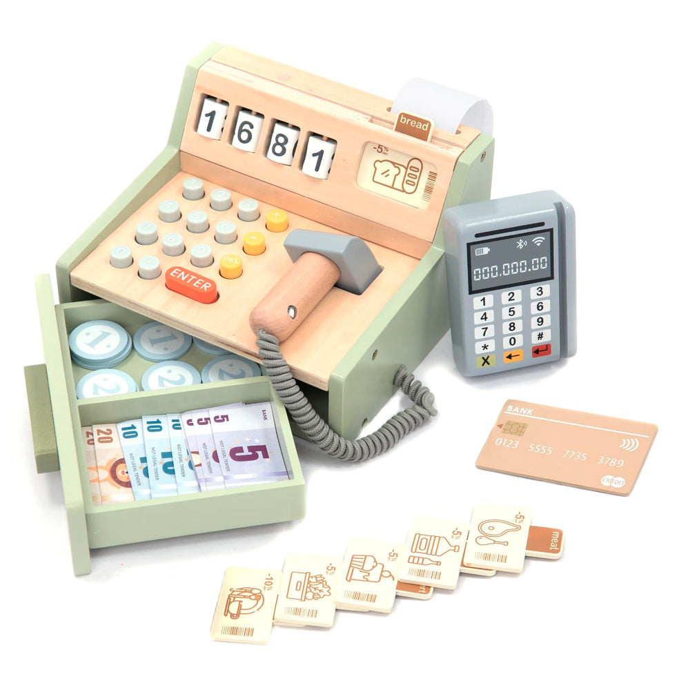 UMU wooden cash register setup with scanner and money for imaginative learning