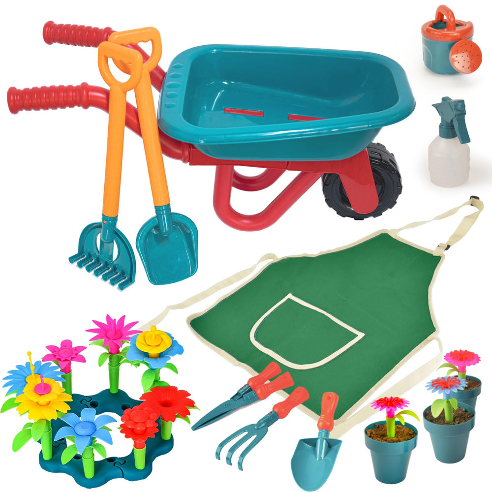 unanscre gardening tool set wheelbarrow for kids, fueling pretend outdoor chores