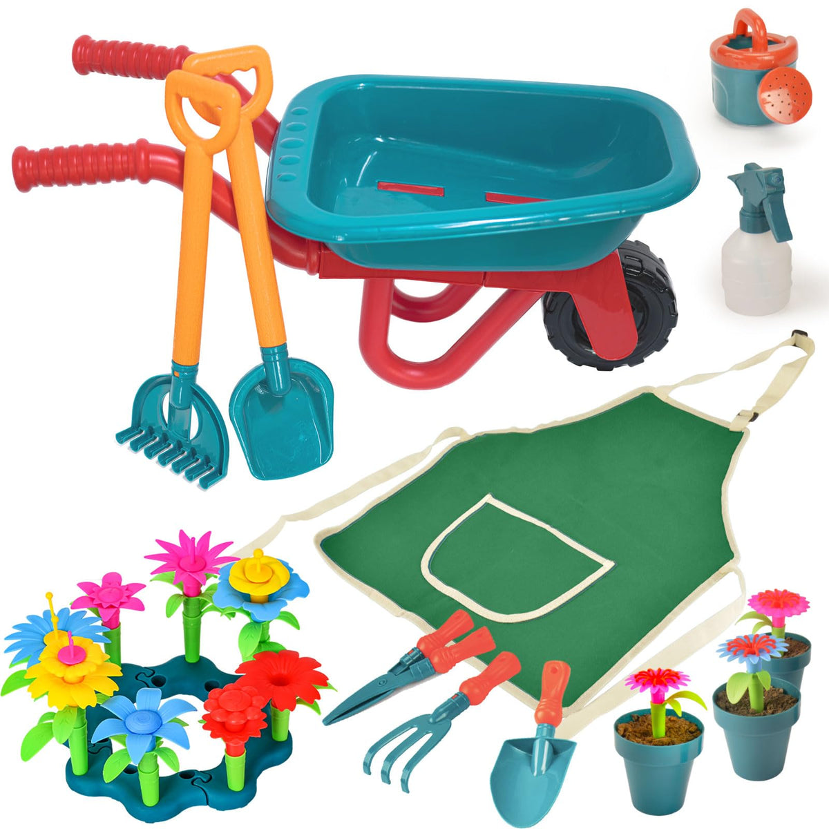 unanscre gardening tool set wheelbarrow for kids, fueling pretend outdoor chores