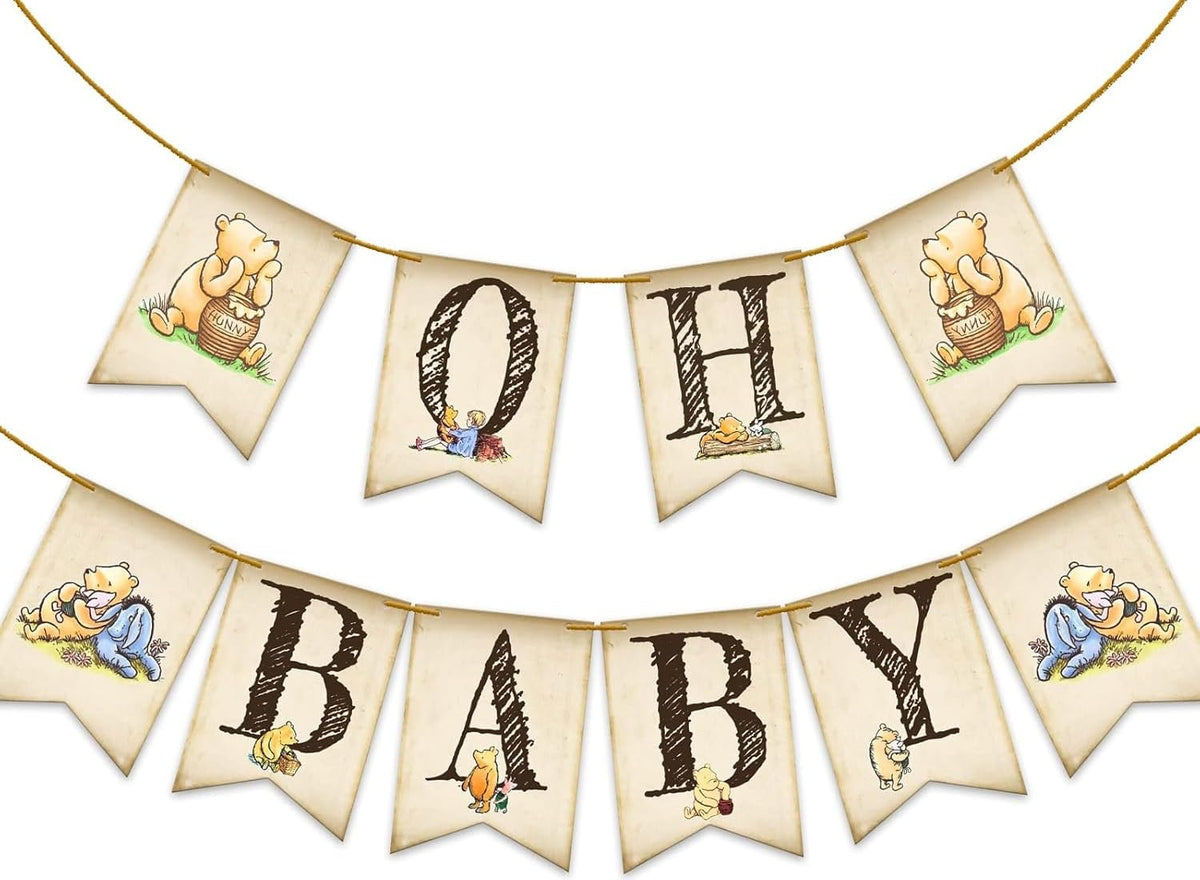 Unbala Winnie Oh Baby Banner setup highlights vibrant Winnie decor for baby showers.