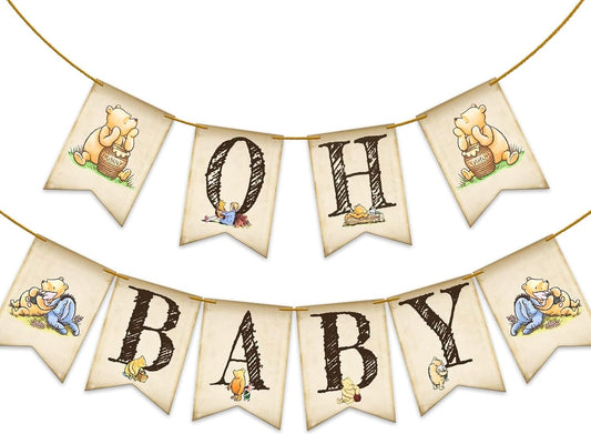 Unbala Winnie Oh Baby Banner setup highlights vibrant Winnie decor for baby showers.