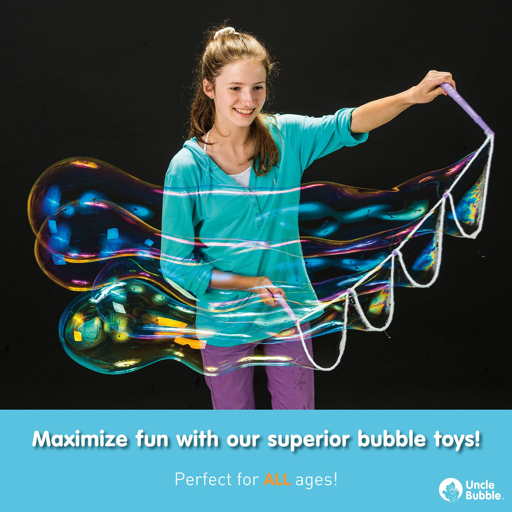 Uncle Bubble bubble mower play demonstrates dynamic outdoor bubbles during yard fun.