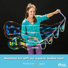 Uncle Bubble bubble mower play demonstrates dynamic outdoor bubbles during yard fun.