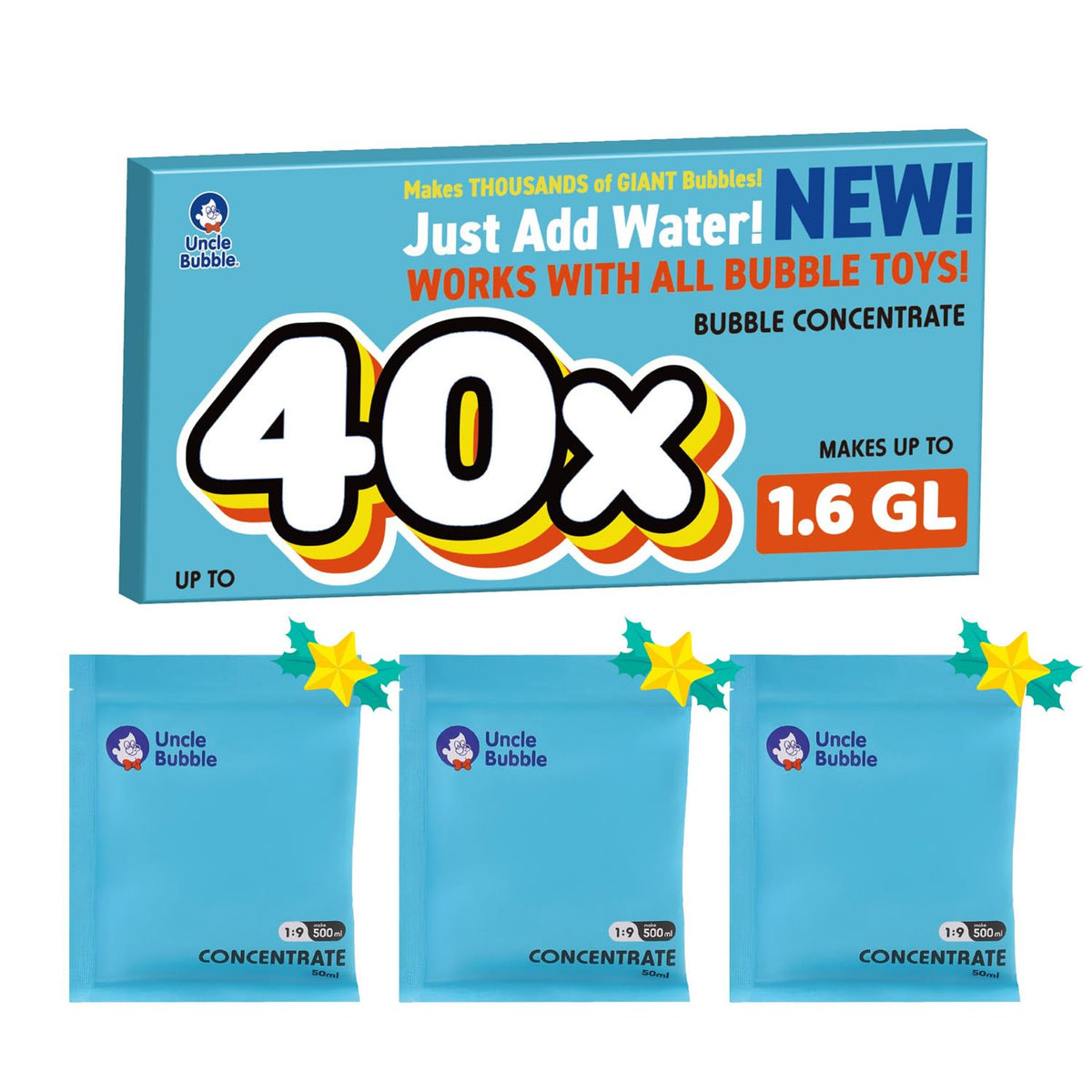 Uncle Bubble concentrated solution in convenient pouches for easy dilution and less waste.