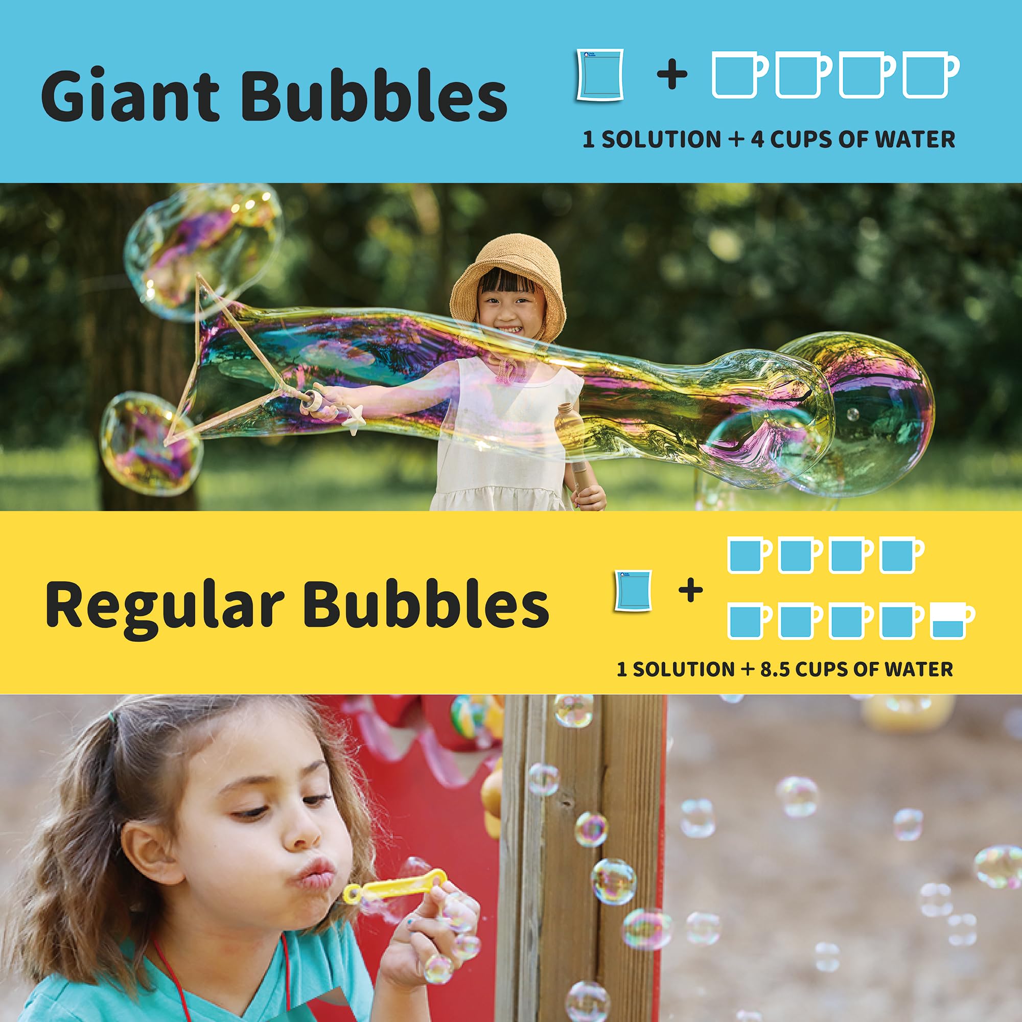 Uncle Bubble dilution guide visual shows ratios for giant and regular bubbles.