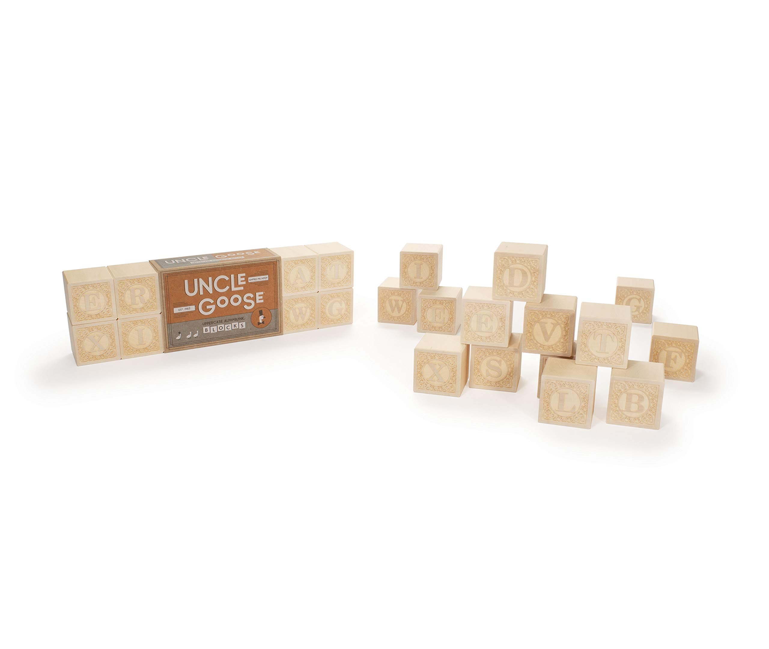 Uncle Goose blocks for ages 2+ encourage imaginative patterning and decoration.