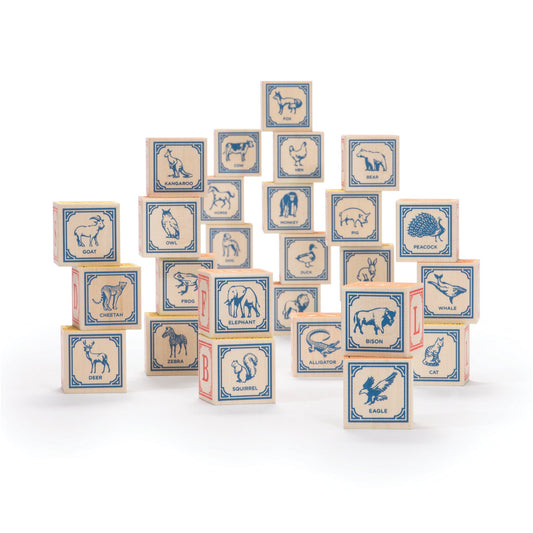Colorful letters and animals on Uncle Goose blocks spark imaginative play and storytelling.