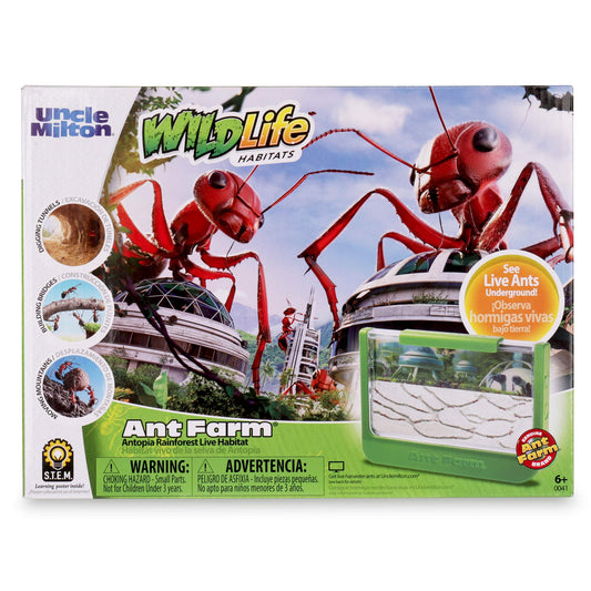 Uncle Milton Antopia Rainforest Habitat front view showcases a clear habitat for hands-on learning