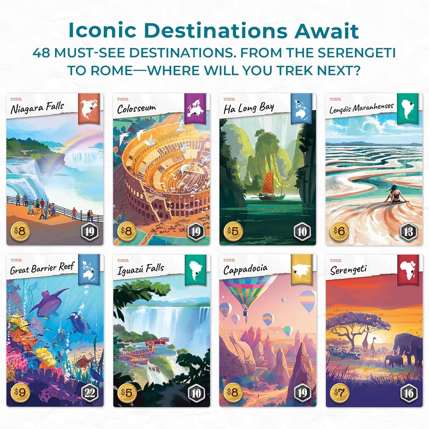 Underdog Games Trekking the World 2nd Edition destination cards highlight iconic sites for planning.