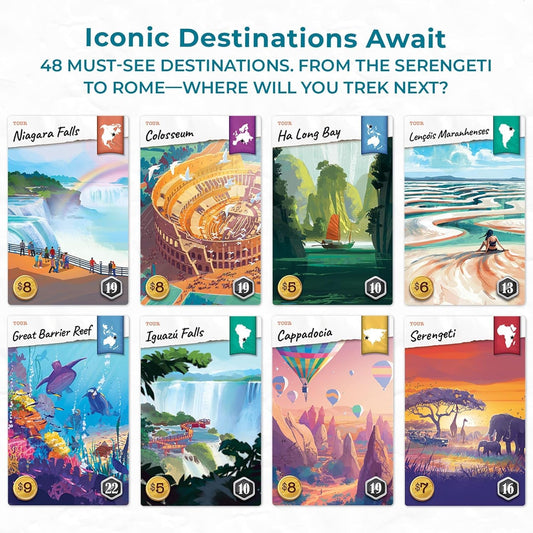 Underdog Games Trekking the World 2nd Edition destination cards highlight iconic sites for planning.