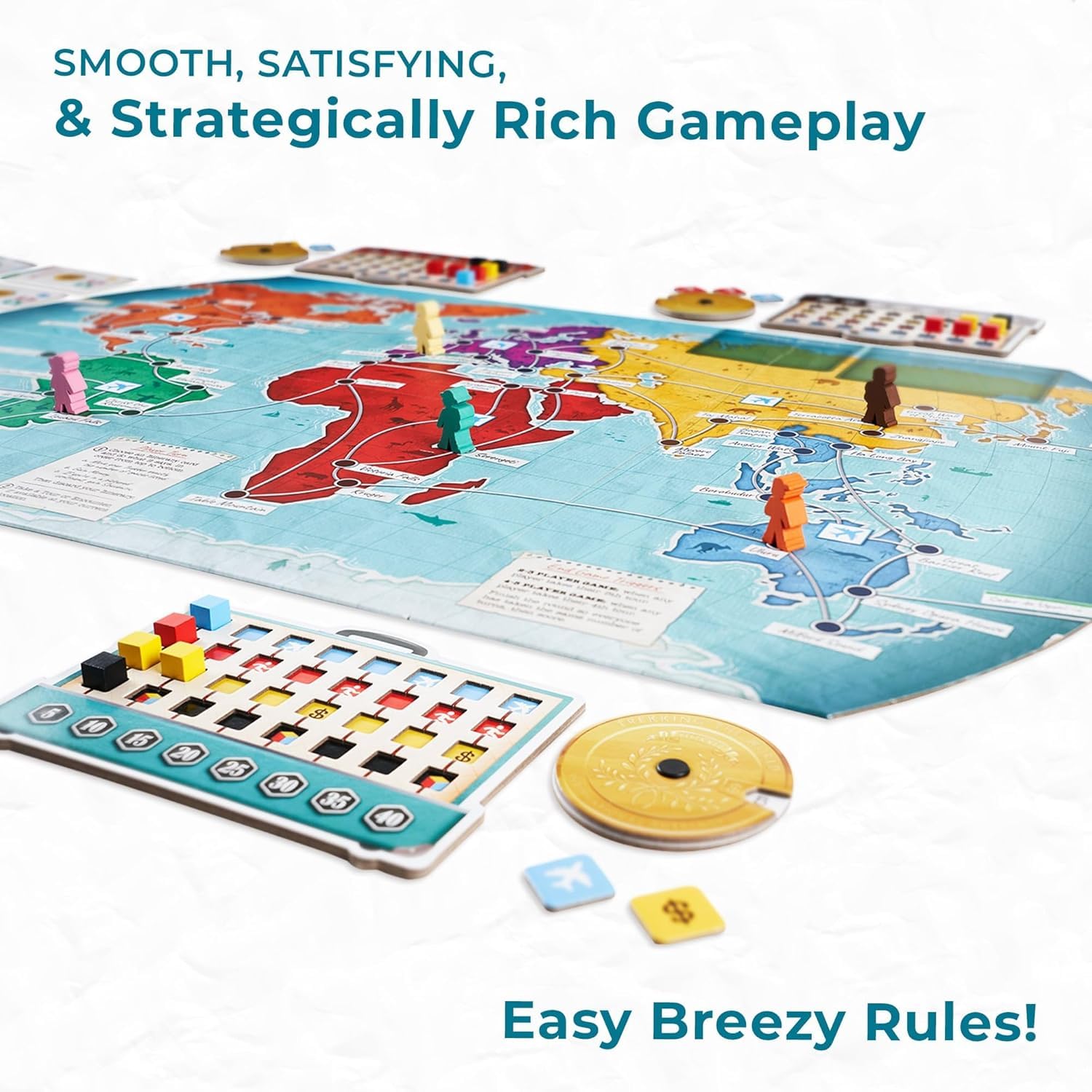 Underdog Games Trekking the World 2nd Edition player boards offer durable, clear setup.