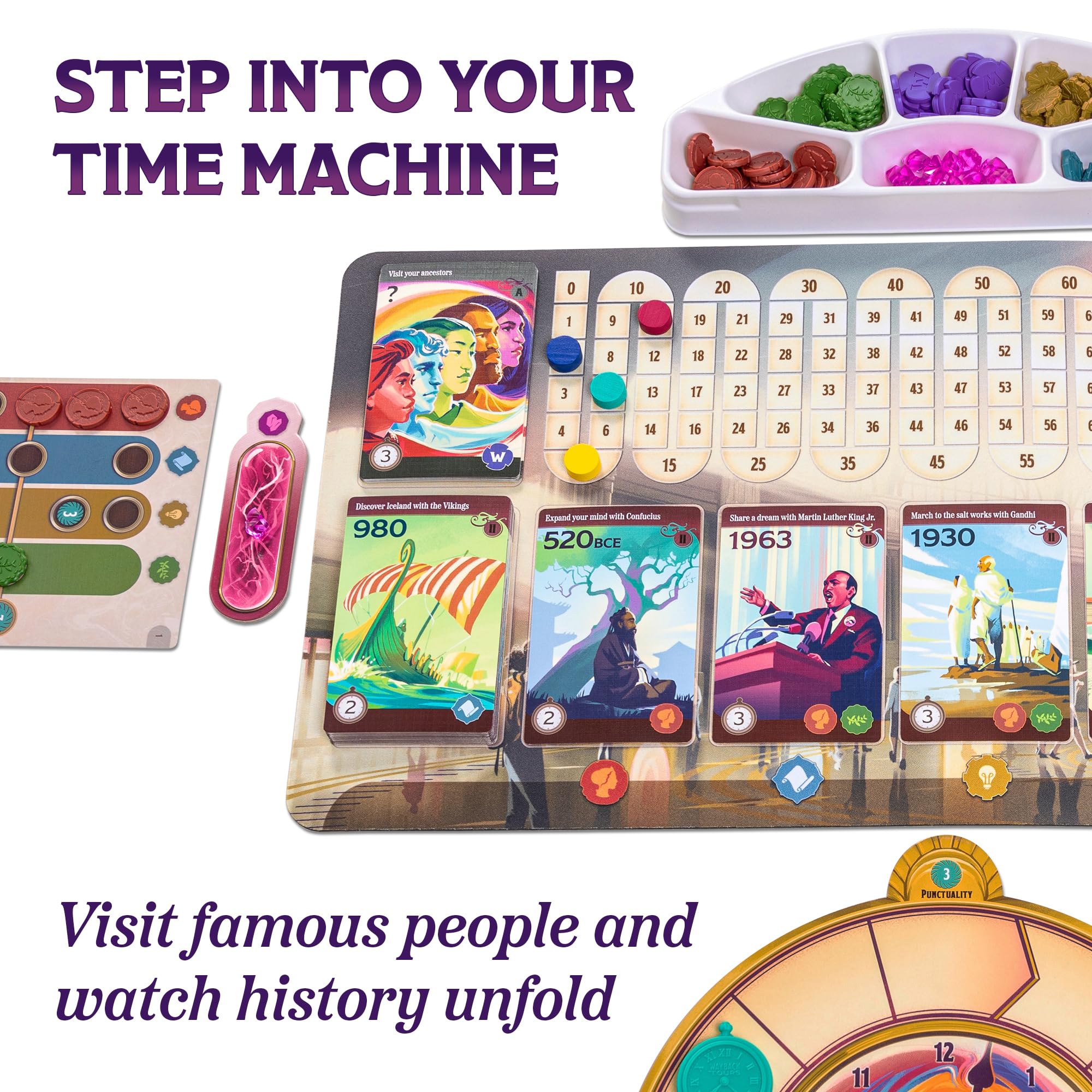 Family game night with colorful cards and fast rounds of Trekking Through History.