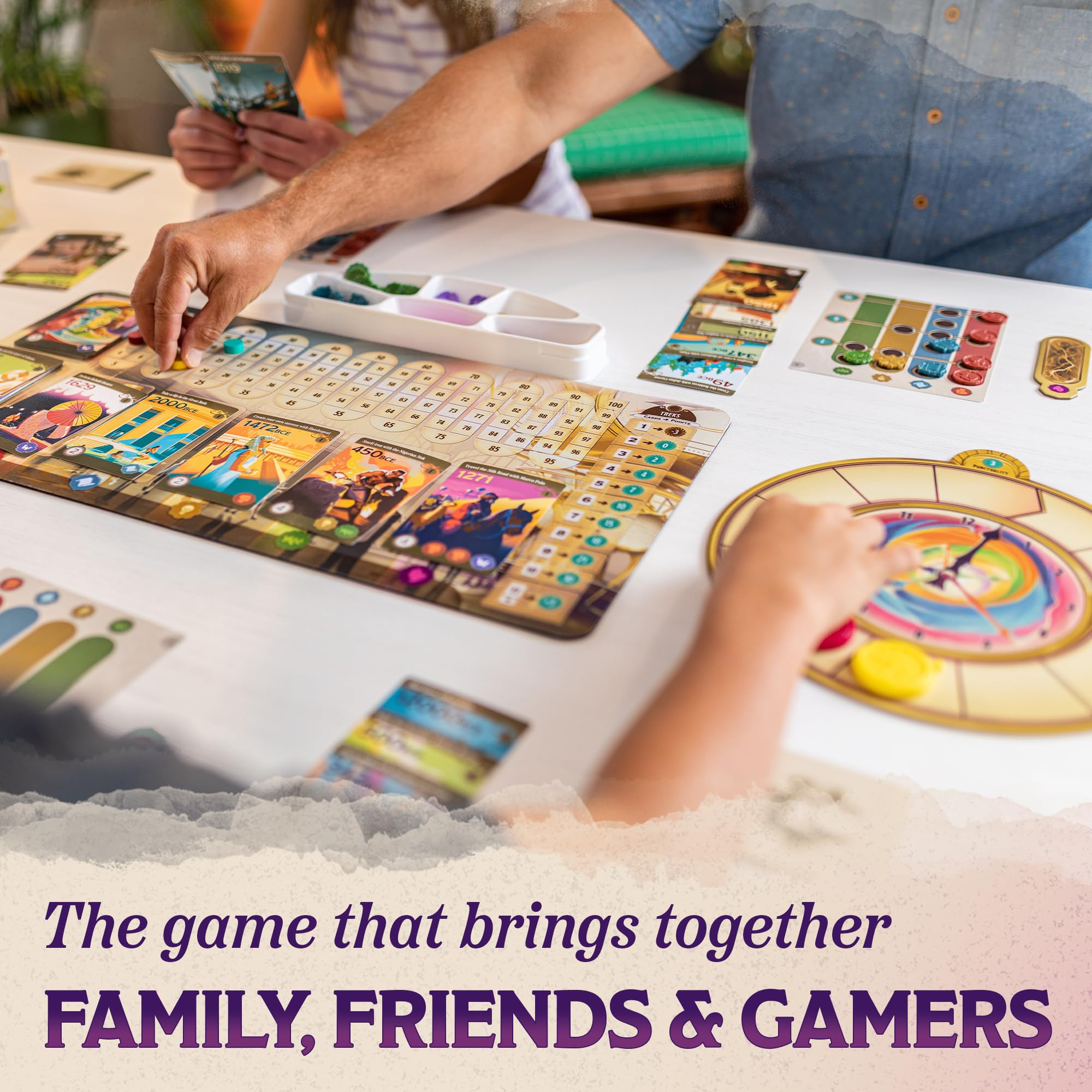 Play session setup of Trekking Through History, ready for a cozy family evening.