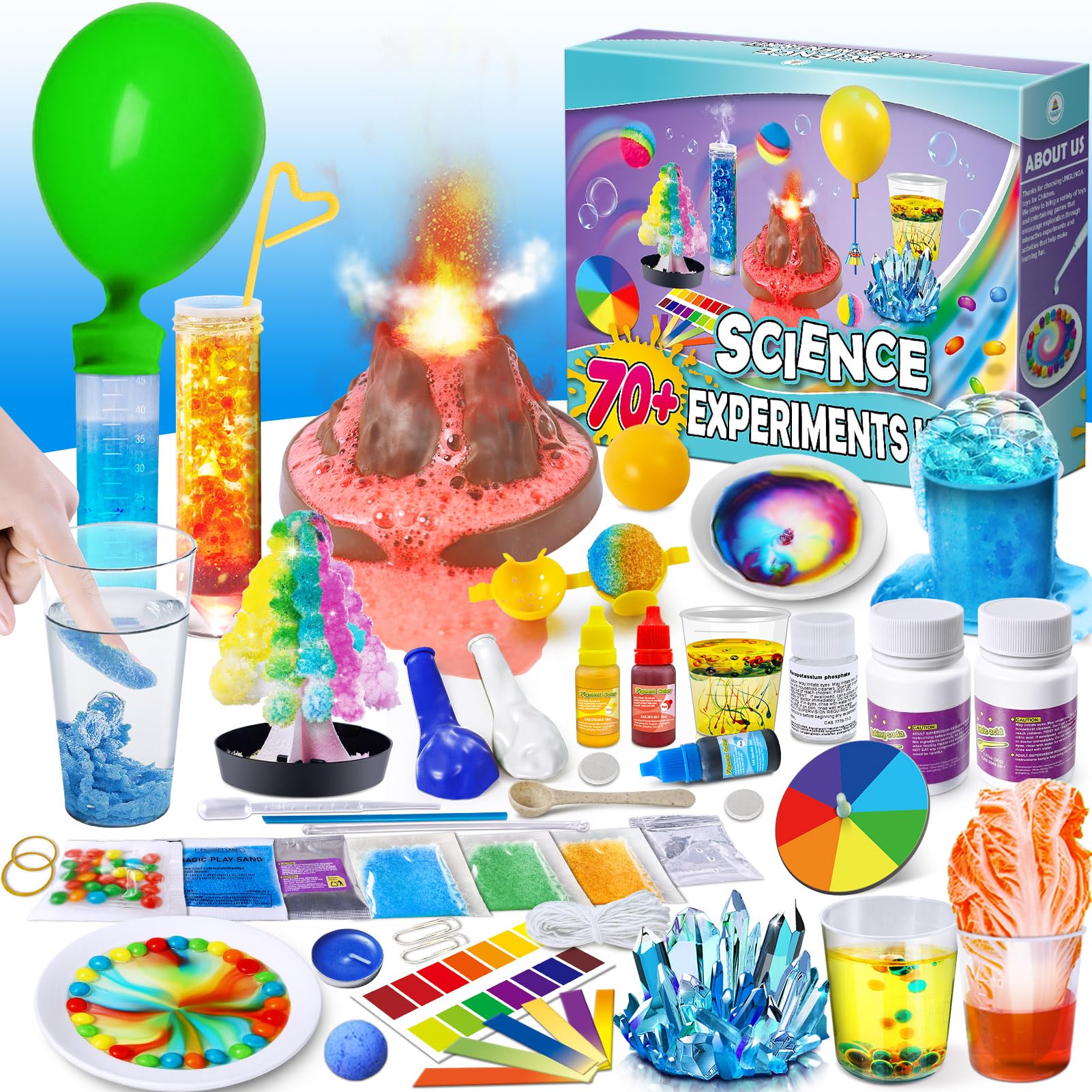 UNGLINGA 70+ Experiments kit cover with colorful science materials for kids.